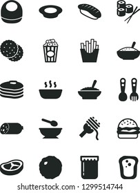 Solid Black Vector Icon Set - baby bib vector, deep plate with a spoon, plastic fork spoons, sausage, burger, spaghetti, bowl of buckwheat porridge, rice, hot, milk, bacon, cabbage, French fries