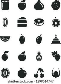 Solid Black Vector Icon Set - birthday cake vector, piece of, with a hole, jam, strawberries, pineapple, cherry, grape, quince, apricot, red apple, fig, mulberry, tasty, half melon, water slice