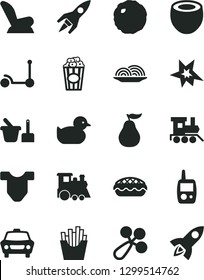 Solid Black Vector Icon Set - Child T shirt vector, baby rattle, car seat, duckling, toy mobile phone, sand set, train, children's, Kick scooter, onion, apple pie, cabbage, French fries, ripe guava