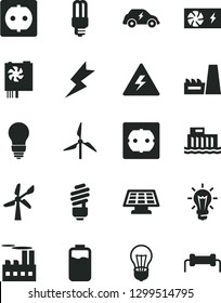 Solid Black Vector Icon Set - danger of electricity vector, saving light bulb, power socket type f, lightning, charge level, windmill, wind energy, hydroelectric station, industrial building