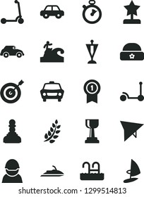 Solid Black Vector Icon Set - motor vehicle vector, Kick scooter, child, warm hat, car, racer, retro, stopwatch, laurel branch, gold cup, pawn, star reward, pennant, target, medal with, hang glider