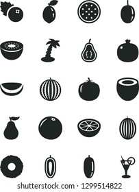 Solid Black Vector Icon Set - blueberries vector, pomegranate, melon, water, date fruit, passion, sweet, kiwi, half of, sour lime, piece coconut, slice pineapple, grapefruit, ripe guava, part