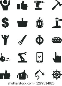 Solid Black Vector Icon Set - dollar vector, measuring cup for feeding, drill, arm saw, hammer with claw, core, index finger, thumb up, apple pie, half of medlar, loquat, gas welding, assembly robot