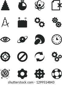Solid Black Vector Icon Set - prohibition vector, renewal, stacking toy, cogwheel, eye, timer, delete page, porcini, accumulator, gear, scribed compasses, gears, wall watch, atom, saturn, aim