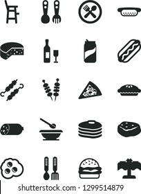 Solid Black Vector Icon Set - plates and spoons vector, a chair for feeding child, plastic fork, iron, sausage, cheese, fried vegetables on sticks, piece of pizza, Hot Dog, mini, burger, pie, wine