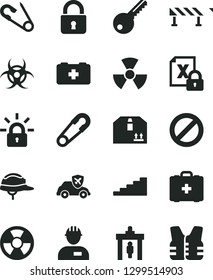 Solid Black Vector Icon Set - prohibition vector, safety pin, open, bag of a paramedic, medical, workman, key, helmet, road fence, lock, cardboard box, radiation hazard, autopilot, encrypting