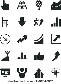 Solid Black Vector Icon Set - downward direction vector, growth up, line chart, a chair for feeding, hook, ladder, index finger, right bottom arrow, bar, financial report, man, graph, arrows, hands