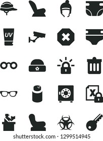 Solid Black Vector Icon Set - mark of injury vector, diaper, nappy, powder, Baby chair, car child seat, winter hat, warm, helmet, dust bin, strongbox, encrypting, glasses, biohazard, passort control
