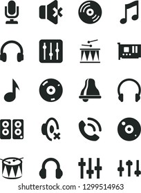 Solid Black Vector Icon Set - bell vector, desktop microphone, silent mode, drumroll, drum, headphones, music, CD, regulator, no sound, phone call, pc card, speaker, note, settings