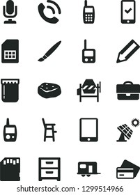 Solid Black Vector Icon Set - tassel vector, desktop microphone, toy phone, mobile, a chair for feeding child, concrete mixer, nightstand, call, piece of meat, jam, big solar panel, SIM card, pencil