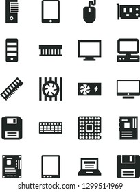 Solid Black Vector Icon Set - laptop vector, monitor, screen, processor, computer, tablet pc, radiator fan, mouse, keyboard, power supply, tower, motherboard, memory, card, floppy