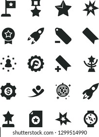 Solid Black Vector Icon Set - add bookmark vector, remove label, star gear, rocket, bang, cup, reward, flag, hero medal, certificate, dollar, stars around man, flying, disco ball, compass
