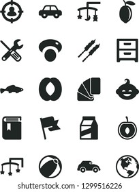 Solid Black Vector Icon Set - book vector, toys over the cradle, cot, baby bath ball, motor vehicle, funny hairdo, small tools, sample of colour, flag, nightstand, package, barbecue, fish, cherry