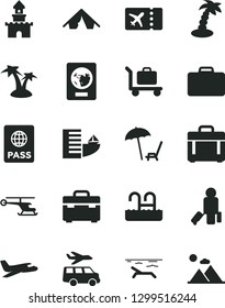 Solid Black Vector Icon Set - suitcase vector, case, passport, sand castle, helicopter, plane, passenger, ticket, hotel, tent, beach, arnchair under umbrella, palm tree, pool, baggage, transfer