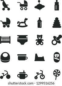 Solid Black Vector Icon Set - baby cot vector, dummy, mug for feeding, bottle, measuring, diaper, bib, stroller, carriage, summer, stacking rings, roly poly doll, children's potty, chair, teddy bear