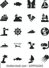 Solid Black Vector Icon Set - small fish vector, sea port, coastal lighthouse, planet, sail boat, beach, palm tree, flippers, diving mask, surfing, handwheel, life vest, jet ski, cruiser, yacht