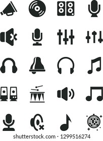 Solid Black Vector Icon Set - bell vector, desktop microphone, horn, silent mode, drumroll, headphones, music, CD, volume, no sound, pc speaker, note, settings, disco ball