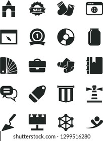 Solid Black Vector Icon Set - warm socks vector, Knitted, box of bricks, building trowel, color samples, notebook, label, jar, lighthouse, billboard with illumination, portfolio, ring diagram, sale