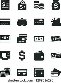 Solid Black Vector Icon Set - bank card vector, purse, cards, coins, reverse side of a, front the, denomination dollar, article on, wallet, money, cash, cashbox, atm, credit