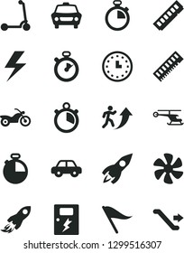 Solid Black Vector Icon Set - lightning vector, stopwatch, wind direction indicator, motor vehicle, child Kick scooter, dangers, timer, car, marine propeller, rocket, space, wall watch, memory