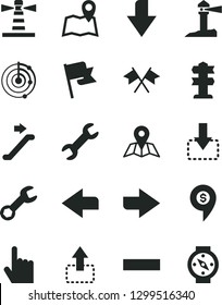 Solid Black Vector Icon Set - downward direction vector, right, left, minus, index finger, map, flag, move up, down, lighthouse, coastal, repair, radar, cross flags, dollar pin, escalator, signpost