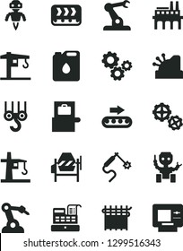 Solid Black Vector Icon Set - crane vector, winch hook, gears, concrete mixer, industrial enterprise, conveyor, production, canister of oil, cloth industry, tower, gas welding, robot welder, cashbox