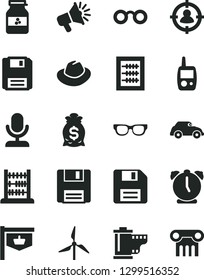 Solid Black Vector Icon Set - floppy disk vector, hat, camera roll, new abacus, toy mobile phone, alarm clock, jar of jam, windmill, retro car, vintage sign, man in sight, loudspeaker, glasses