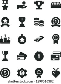 Solid Black Vector Icon Set - brick vector, cards, pedestal, coins, catch a coin, prize, award, gold cup, star medal, first place, with pennant, ribbon, hero, bar, dollar, gear, credit card
