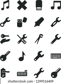 Solid Black Vector Icon Set - repair key vector, cross, small tools, adjustable wrench, door knob, music, steel, text highlighter, keyboard, usb flash, note, arm with