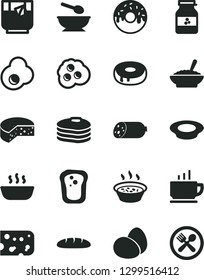 Solid Black Vector Icon Set - deep plate with a spoon vector, coffee, sausage, piece of cheese, eggs, loaf, cake hole, glazed, bowl buckwheat porridge, in saucepan, hot, milk, glass tea, fried egg