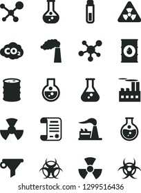 Solid Black Vector Icon Set - round flask vector, manufacture, factory, oil, barrel, industrial building, radiation, carbon dyoxide, water filter, research article, test tube, molecule, nuclear