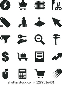 Solid Black Vector Icon Set - zoom out vector, growth up, remove label, dollar, archive, accessories for a hairstyle, yule, put in cart, weaving, calipers, water filter, mouse, cursor, calculator