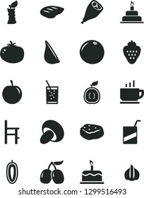 Solid Black Vector Icon Set - vector e, a chair for feeding, birthday cake, coffee, porcini, grill chicken leg, chop, piece of meat, tomato, garlic, glass soda, strawberry, tasty cornels, plum