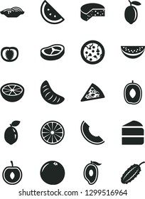 Solid Black Vector Icon Set - cheese vector, pizza, piece of, slices onion, cake, bacon, orange slice, melon, half mango, delicious plum, water, tangerine, cherry, lemon, sour lime, grapefruit