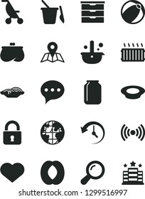 Solid Black Vector Icon Set - heart symbol vector, storage unit, summer stroller, baby bath ball, children's sand set, lock, speech, map, slices of onion, a plate milk, half peach, metallurgy, jar