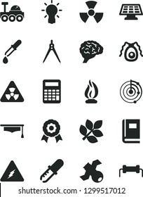 Solid Black Vector Icon Set - electricity vector, nuclear, bulb, brain, satellite, bactery, book, pipette, flame, graduate hat, calculator, drawing compass, radar, medal, sun panel, lunar rover