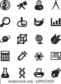 Solid Black Vector Icon Set - chili vector, printer, flask, telescope, zoom, dna, biohazard, globe, scientist, calculator, drawing compass, artifical insimination, growth graph, earth core, saturn