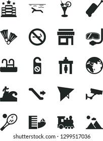 Solid Black Vector Icon Set - earth vector, train, hang glider, escalator, security gate, rolling case, hotel, beach, cocktail, pool, flippers, diving mask, surfing, tennis, surveillance, store