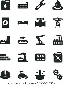 Solid Black Vector Icon Set - brick wall vector, construction level, helmet, valve, factory, oil, power pole, industrial building, thermal plant, conveyor, production, canister, of, drop, metallurgy