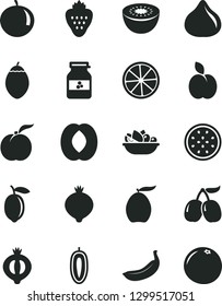 Solid Black Vector Icon Set - a plate of fruit vector, jar jam, strawberry, apple, ripe peach, fig, medlar, half, tasty cornels, loquat, tangerine, sweet date, lemon, banana, kiwi, passion, slice