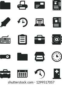 Solid Black Vector Icon Set - laptop vector, keyboard, folder, portfolio, suitcase, address book, pass card, text highlighter, wall calendar, watch, motherboard, printer, scanner, projector, history