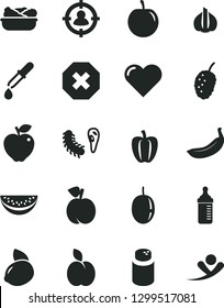 Solid Black Vector Icon Set - mark of injury vector, measuring bottle for feeding, powder, heart, lettuce in a plate, apple, peach, red, tasty mulberry, water melon slice, plum, passion fruit