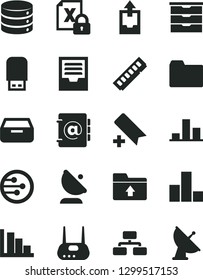 Solid Black Vector Icon Set - add bookmark vector, folder, bar chart, positive histogram, archive, upload data, storage unit, big, flowchart, address book, drawer, satellite antenna, encrypting