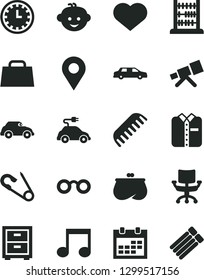 Solid Black Vector Icon Set - heart symbol vector, calendar, clock face, bedside table, open pin, comb, children's hairdo, abacus, folded shirt, electric car, retro, location, purse, hand bag, note