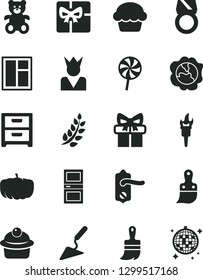 Solid Black Vector Icon Set - teddy bear vector, building trowel, window, plastic brush, wooden paint, door knob, interroom, nightstand, cake, muffin, lollipop, squash, pumpkin, gift, giftbox, king