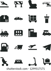 Solid Black Vector Icon Set - cargo trolley vector, paper airplane, Baby chair, summer stroller, child Kick scooter, traffic signal, cardboard box, gas station, modern, conveyor, urgent, lunar rover