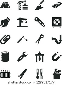 Solid Black Vector Icon Set - iron fork spoons vector, crane, tower, trowel, adjustable wrench, hand saw, sewerage, stationery knife, paving slab, strongbox, clip, barrel, magnet, welding, ink pen