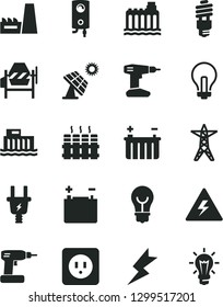 Solid Black Vector Icon Set - danger of electricity vector, incandescent lamp, concrete mixer, cordless drill, power socket type b, lightning, radiator, boiler, bulb, big solar panel, accumulator