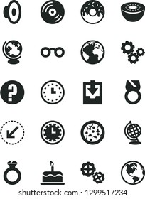 Solid Black Vector Icon Set - sign of the planet vector, clock face, loudspeaker, download archive data, question, gears, left bottom arrow, CD, cake, pizza, glazed with a hole, kiwi, wall watch