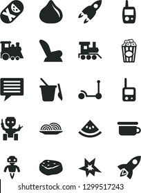Solid Black Vector Icon Set - image of thought vector, car child seat, tumbler, toy phone, mobile, children's sand set, potty, baby train, Kick scooter, onion, piece meat, cup popcorn, fig, robot